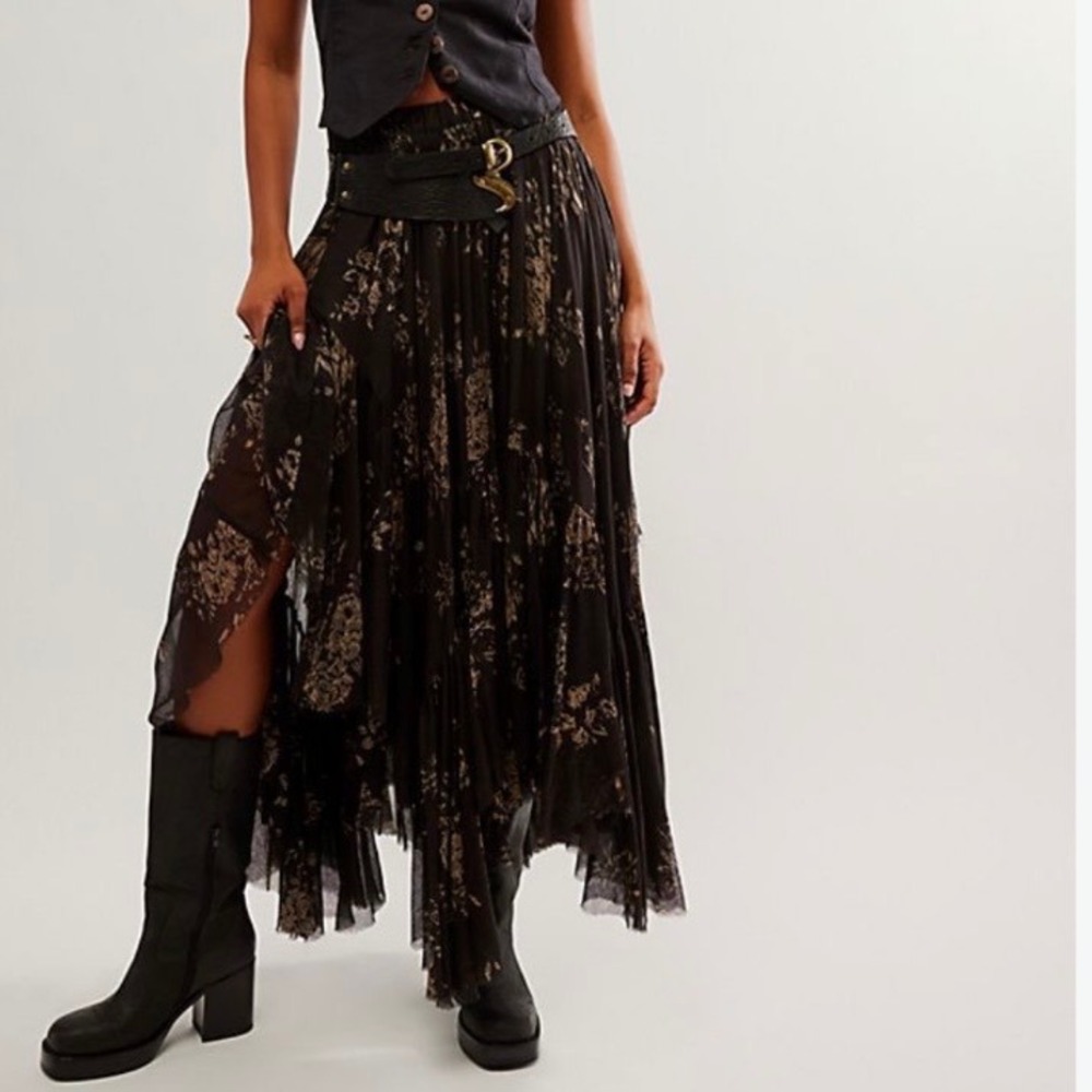 Free People One Clover Printed Skirt Night Combo Large Black Asymmetrical Flowy